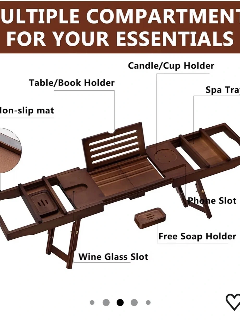 NWT Multipurpose Bathtub Caddy Tray - Brown